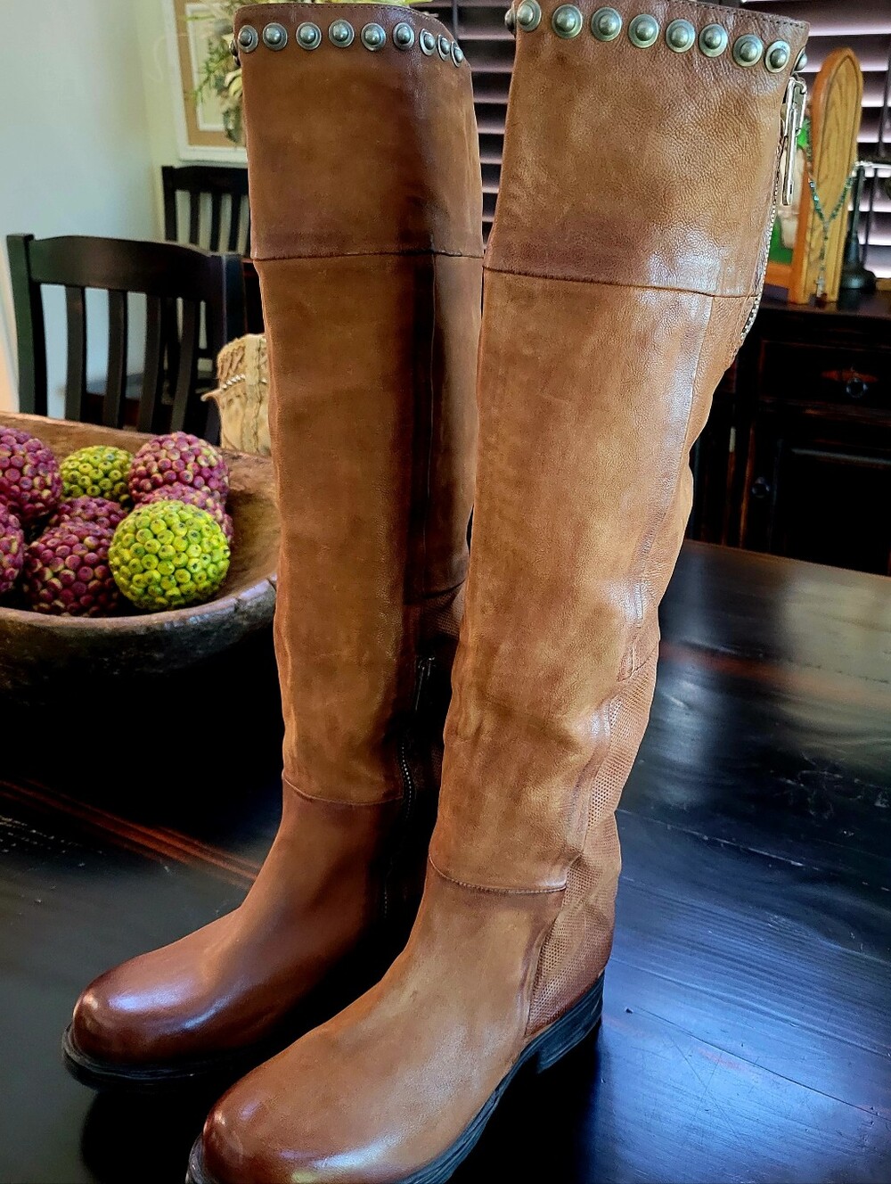 New A.S.98 Women’s Tall Brown Stud-Trim Leather Boots 37